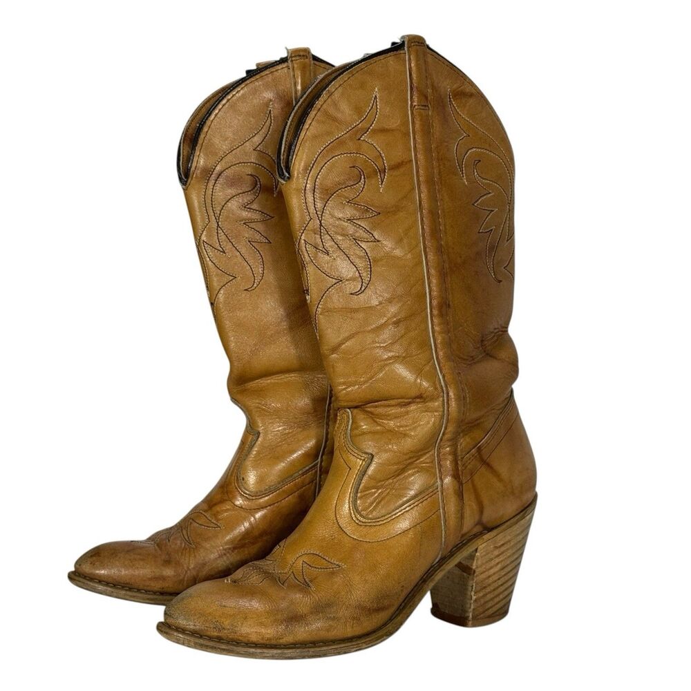 Vintage Dingo Caramel Brown Leather Cowboy Boots Women’s Sz 7 Heeled Classic